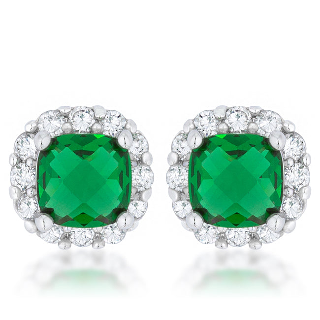 Liz 2ct Emerald CZ Rhodium Classic Cushion Stud Earrings