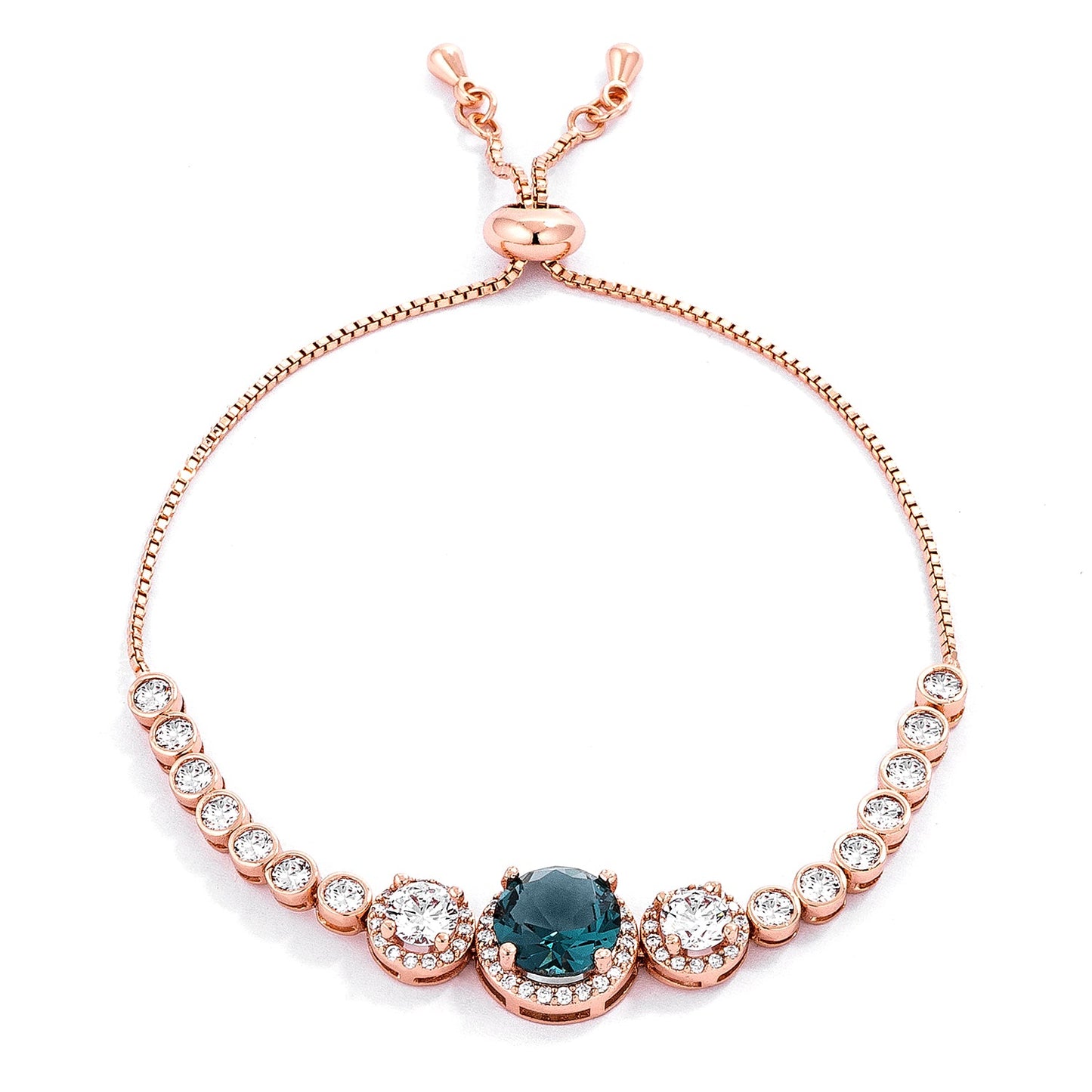 Adjustable Rose Gold Plated Graduated CZ Teal Bolo Style Tennis Bracelet