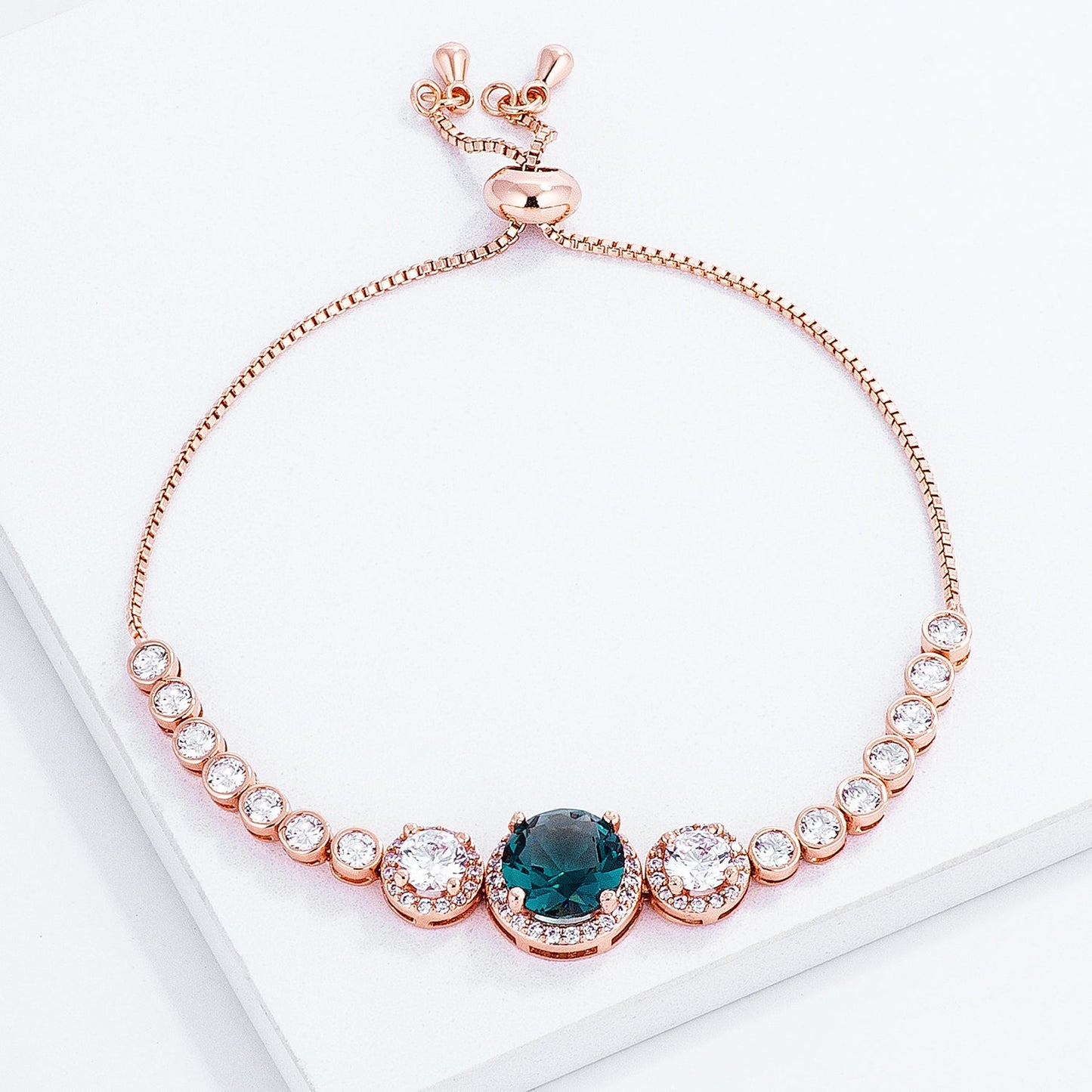 Adjustable Rose Gold Plated Graduated CZ Teal Bolo Style Tennis Bracelet