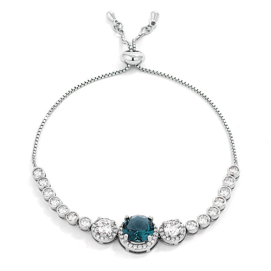 Adjustable Teal Rhodium Plated Graduated CZ Bolo Style Tennis Bracelet