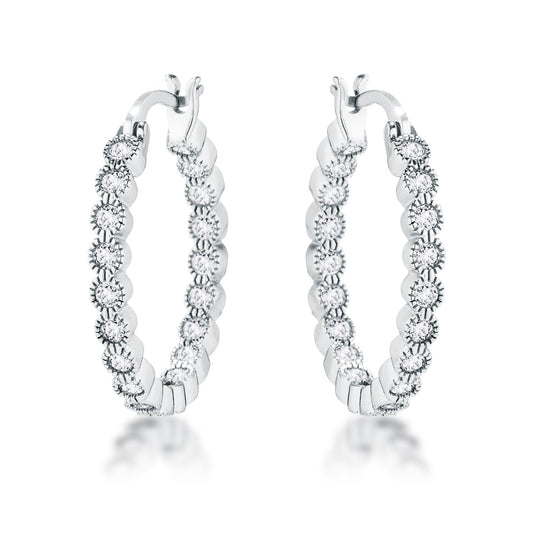 Rhodium Plated Dotted Clear CZ Round Bezel Hoop Earrings