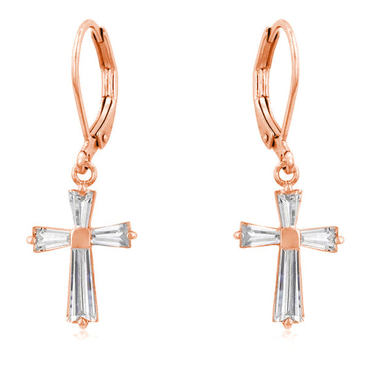 Rose Gold Plated CZ Cross Drop Earrings