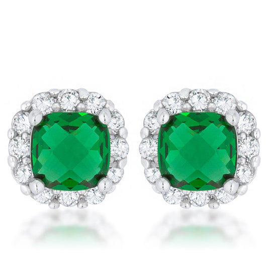 Liz 2ct Emerald CZ Rhodium Classic Cushion Stud Earrings