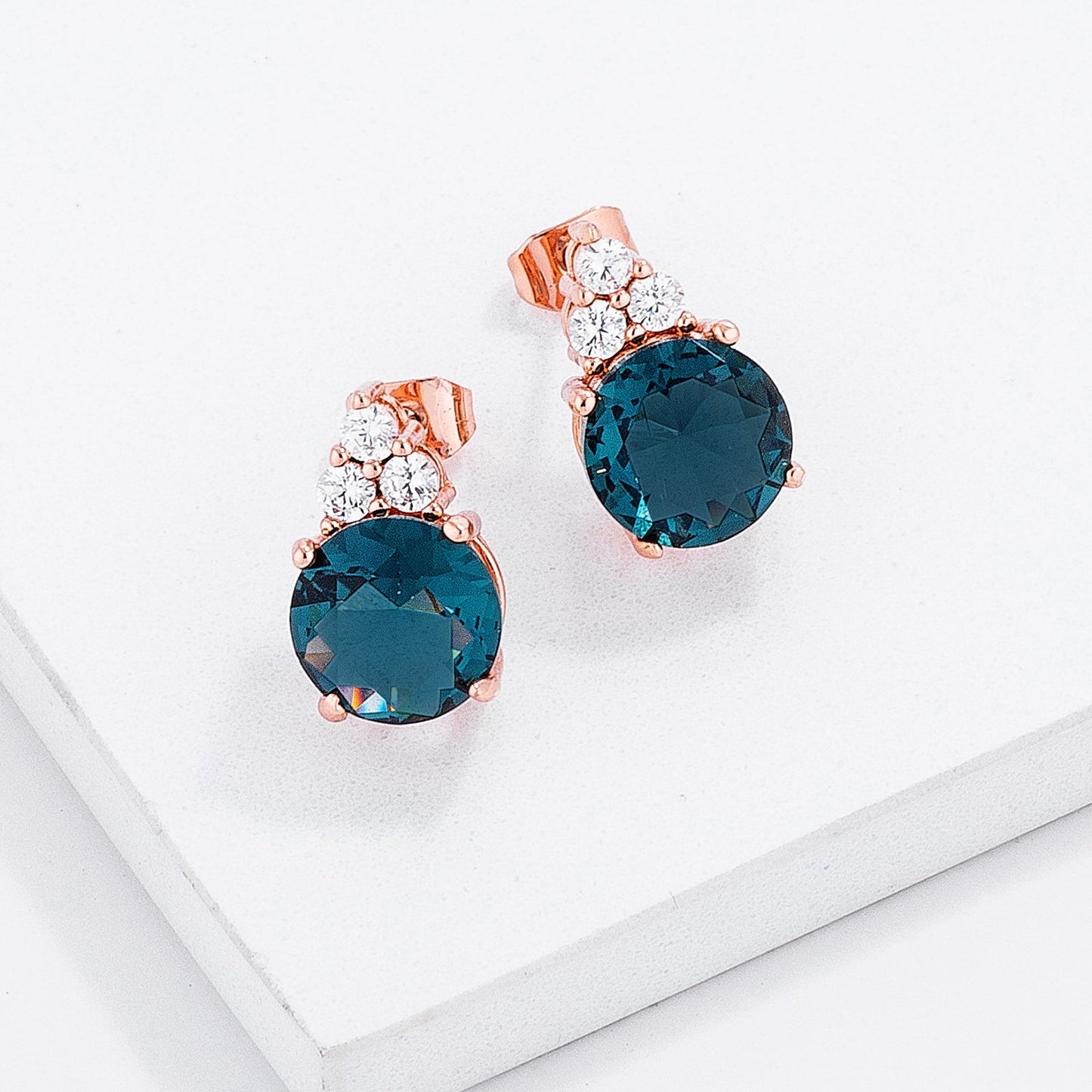 Simple Rose Gold Plated 9mm Teal CZ Stud Earring