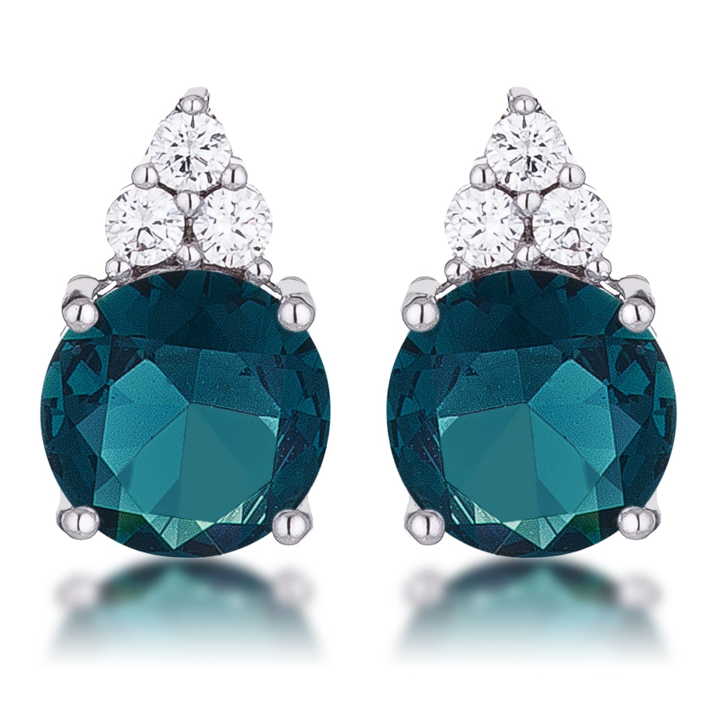 Simple Rhodium Plated 9mm Teal CZ Stud Earring