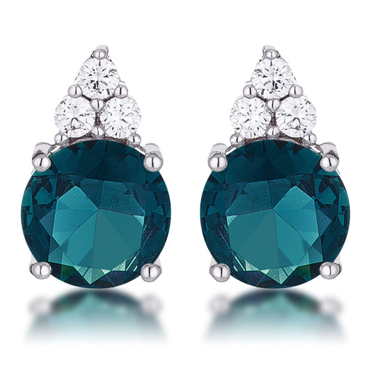 Simple Rhodium Plated 9mm Teal CZ Stud Earring