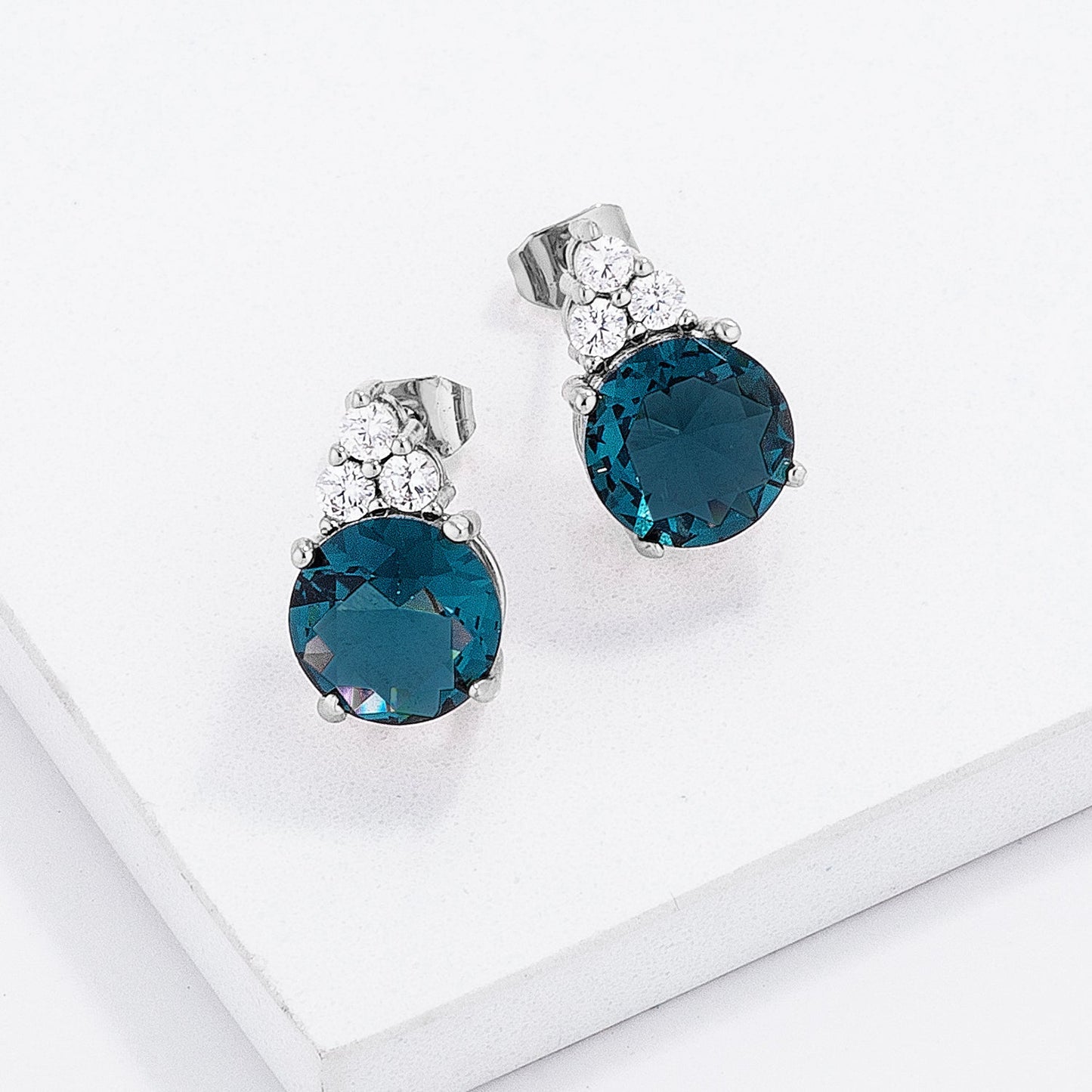 Simple Rhodium Plated 9mm Teal CZ Stud Earring