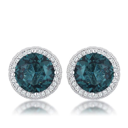 5.84 Ct Rhodium Teal Clear CZ Halo Earrings
