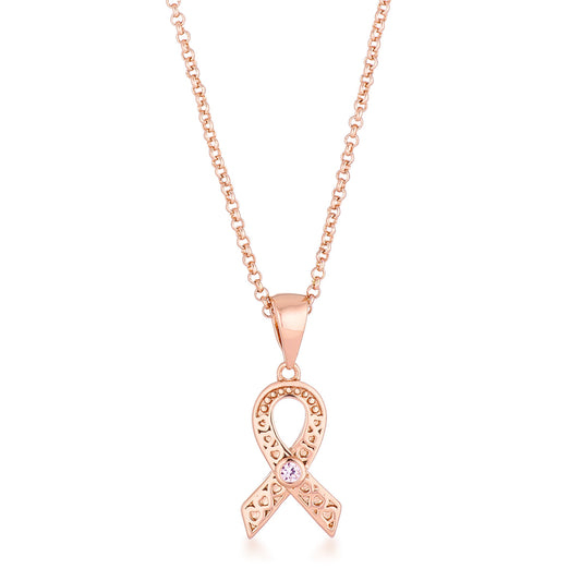 18k Rose Gold Plated Heart Filigree Breast Cancer Awareness Ribbon Pendant