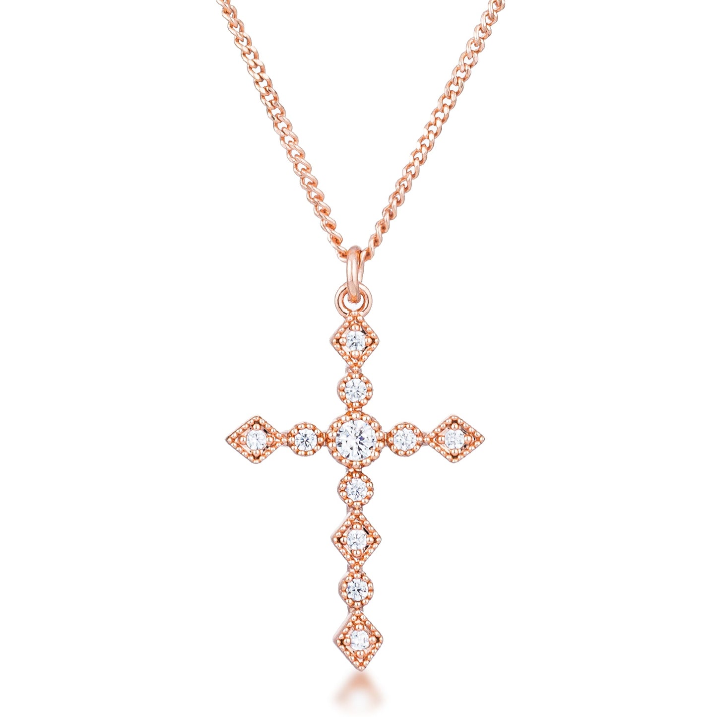 Dainty Art Deco Rose Gold Plated Clear CZ Cross Pendant