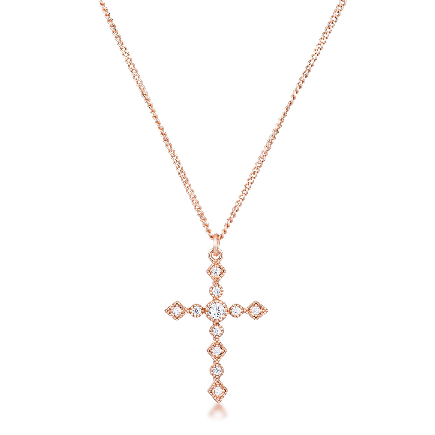 Dainty Art Deco Rose Gold Plated Clear CZ Cross Pendant