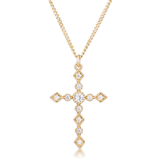 Dainty Art Deco Gold Plated Clear CZ Cross Pendant