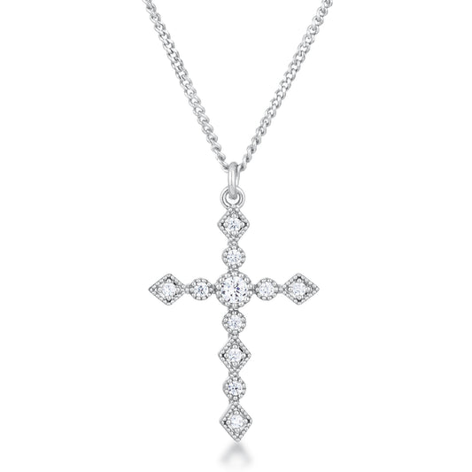 Dainty Art Deco Rhodium Plated Clear CZ Cross Pendant