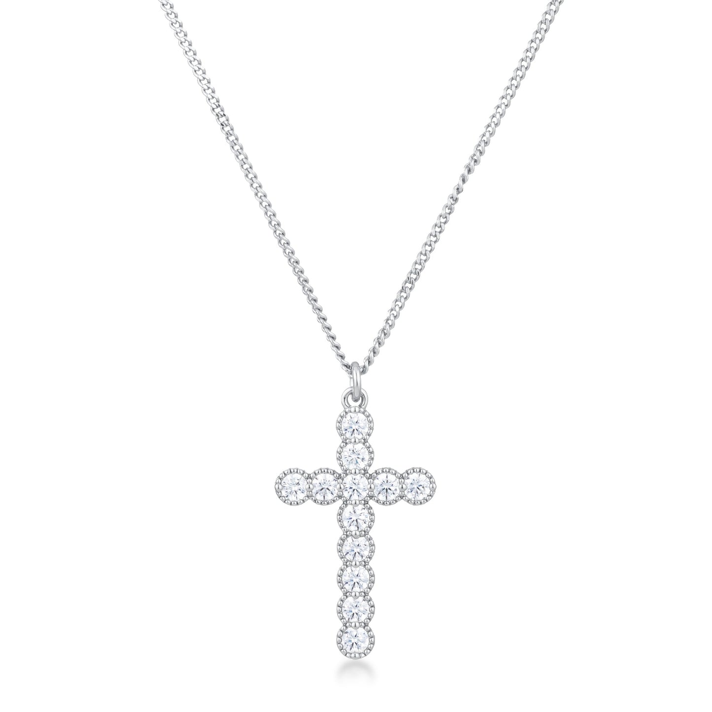 Micro Beaded Rhodium Plated Clear CZ Cross Pendant