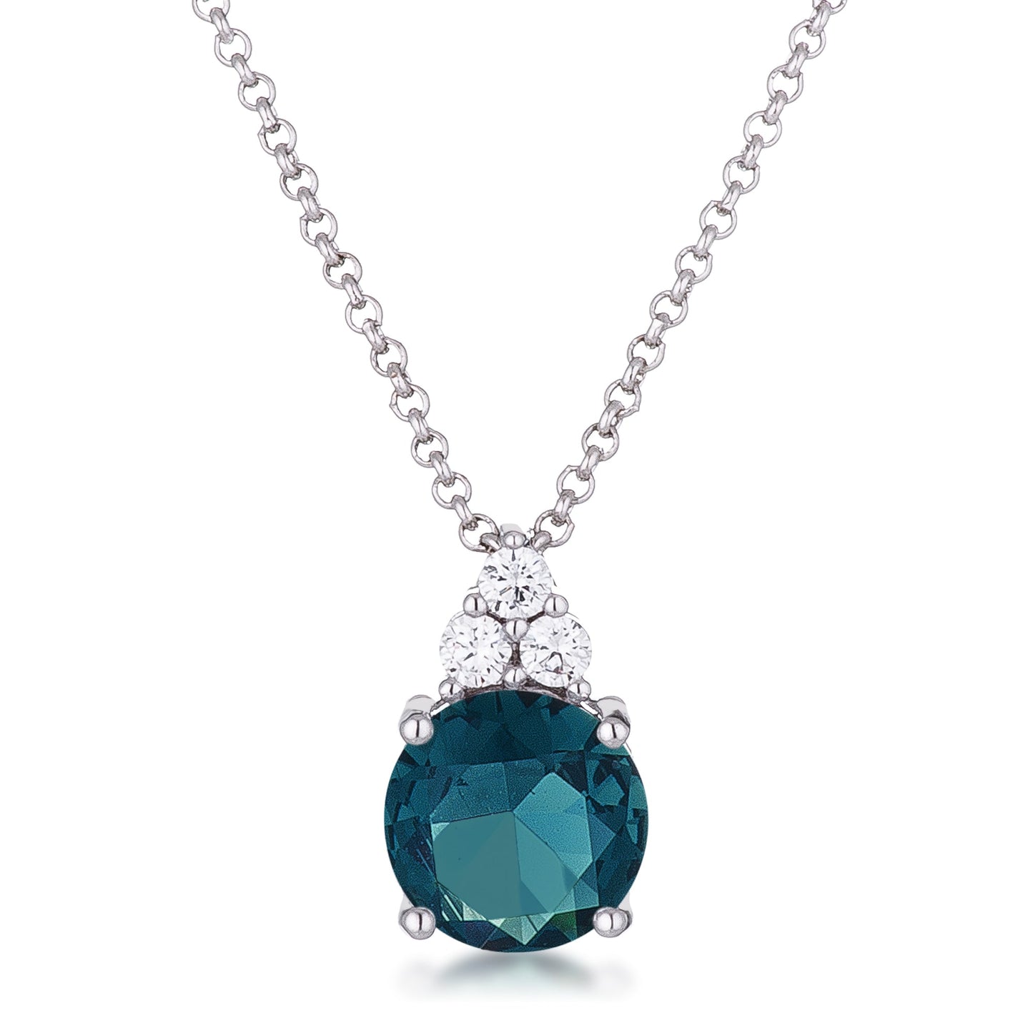 Simple Rhodium Plated 9mm Teal CZ Pendant