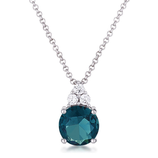 Simple Rhodium Plated 9mm Teal CZ Pendant