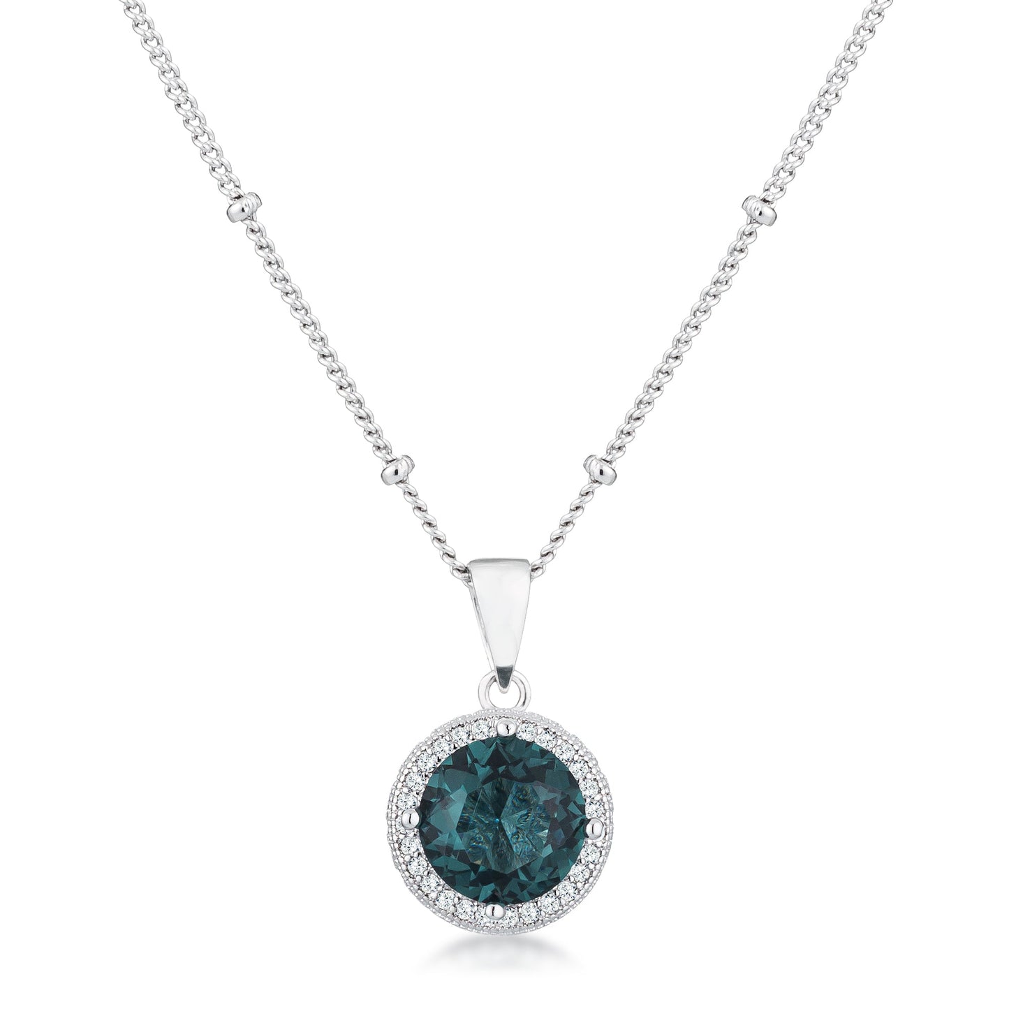 3Ct Rhodium Teal CZ Round Halo Satellite Pendant