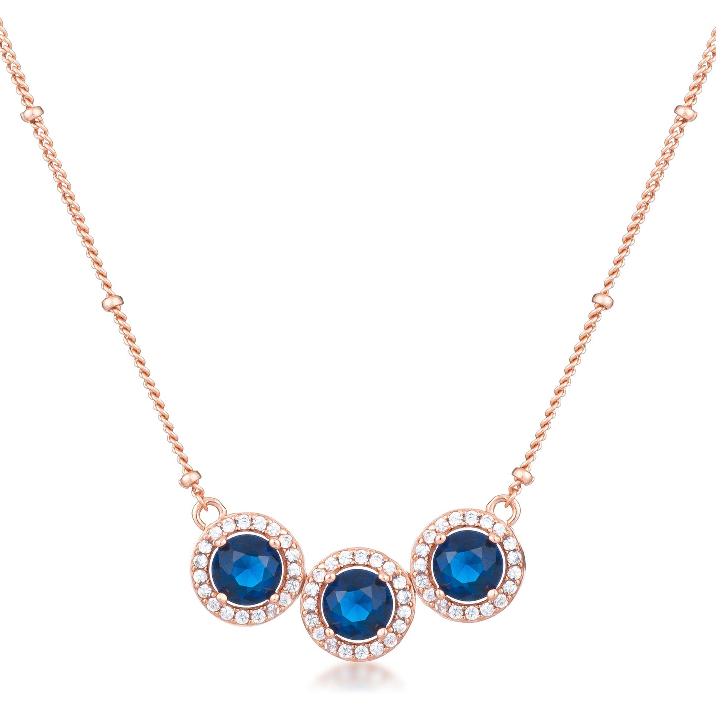 3.1Ct Rose Gold Plated Sapphire Blue Tri-Halo CZ Pendant