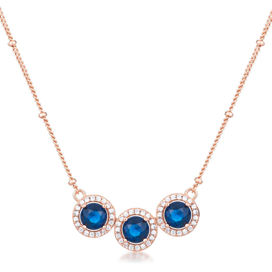 3.1Ct Rose Gold Plated Sapphire Blue Tri-Halo CZ Pendant