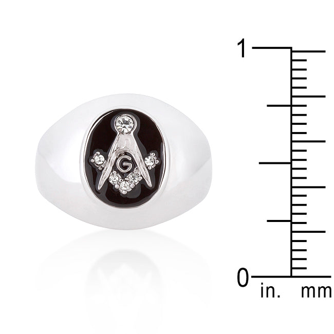 Rhodium Plated Onyx Cubic Zirconia Masonic Ring