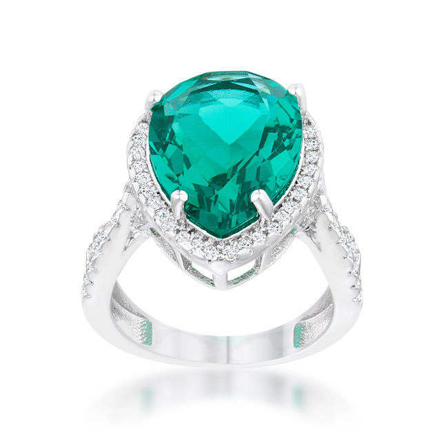 Laura 9.9ct Teal CZ Rhodium Classic Teardrop Ring