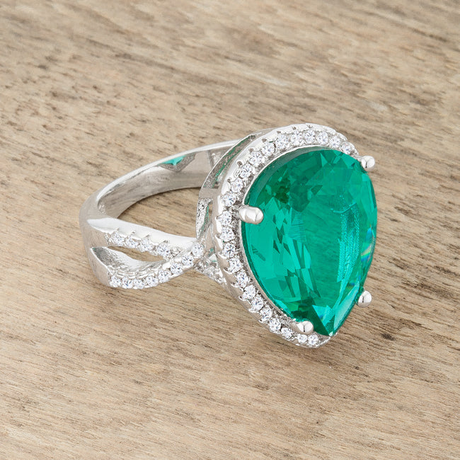 Laura 9.9ct Teal CZ Rhodium Classic Teardrop Ring