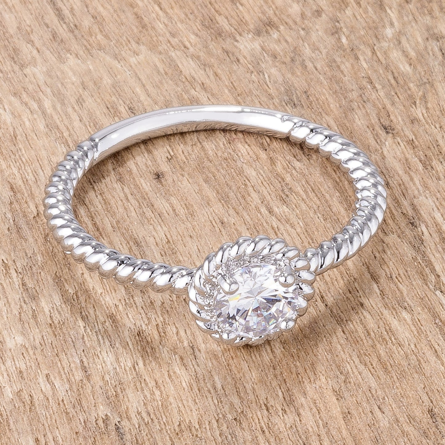 .45Ct Rhodium Plated Mini Twisted Rope CZ Solitaire Ring