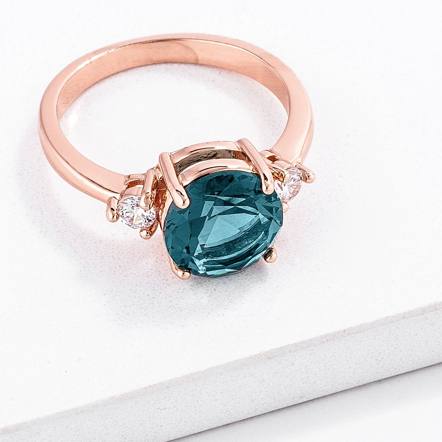 Rose Gold Plated Teal Three Stone Engagement Ring