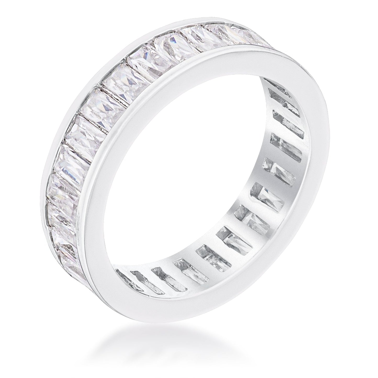 Rhodium Plated Baguette Emerald Cut Eternity Ring